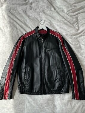 Wilsons Leather Black Leather Bomber Jacket with Red Stripes